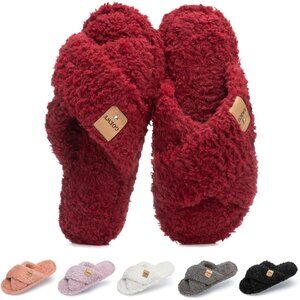 ⚡Women’s Wine Red Faux Fur Cozy Fuzzy Cross Band Slippers Indoor House Shoes